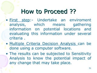 How to Proceed ??How to Proceed ??
• First step:- Undertake an enviroment
analysis, which means gathering
information on potential locations and
evaluating this information under several
criteria .
• Multiple Criteria Decision Analysis can be
done using a computer software.
• The results can be subjected to Sensitivity
Analysis to know the potential impact of
any change that may take place.
31
 