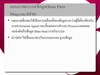 แผนภำพกระแสข้อมูล(Data Flow
Diagram:DFD)
• แผนภำพที่แสดงให้เห็นกำรเคลื่อนที่ของข้อมูลระหว่ำงผู้ที่เกี่ยวข้องกับ
ระบบ (External Agent) และขั้นตอนกำรทำงำน (Process) ตลอดจน
แหล่งจัดเก็บข้อมูล (Data Store) ภำยในระบบ
• นำ DFD ไปเป็นแนวทำงในกำรออกแบบ ฐำนข้อมูล
11
 
