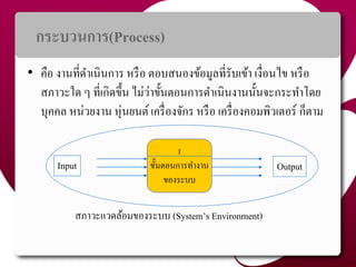 กระบวนกำร(Process)
• คือ งำนที่ดำเนินกำร หรือ ตอบสนองข้อมูลที่รับเข้ำ เงื่อนไข หรือ
สภำวะใด ๆ ที่เกิดขึ้น ไม่ว่ำขั้นตอนกำรดำเนินงำนนั้นจะกระทำโดย
บุคคล หน่วยงำน หุ่นยนต์เครื่องจักร หรือ เครื่องคอมพิวเตอร์ ก็ตำม
1
ขั้นตอนกำรทำงำน
ของระบบ
Input Output
สภำวะแวดล้อมของระบบ (System’s Environment)
16
 