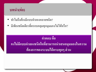 บทนำ(ต่อ)
• ทำไมถึงต้องมีแบบจำลองหลำยชนิด?
• มีเพียงชนิดเดียวที่ครอบคลุมทุกมุมมองไม่ได้หรือ?
คำตอบ คือ
คงไม่มีแบบจำลองชนิดใดที่สำมำรถนำเสนอมุมมองในควำม
ต้องกำรของระบบได้ครบทุกๆ ส่วน
4
 