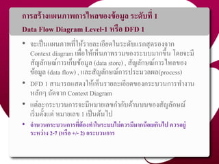 กำรสร้ำงแผนภำพกำรไหลของข้อมูล ระดับที่ 1
Data Flow Diagram Level-1 หรือ DFD 1
• จะเป็นแผนภำพที่ให้รำยละเอียดในระดับแรกสุดรองจำก
Context diagram เพื่อให้เห็นภำพรวมของระบบมำกขึ้น โดยจะมี
สัญลักษณ์กำรเก็บข้อมูล (data store) , สัญลักษณ์กำรไหลของ
ข้อมูล (data flow) , และสัญลักษณ์กำรประมวลผล(process)
• DFD 1 สำมำรถแสดงให้เห็นรำยละเอียดของกระบวนกำรทำงำน
หลักๆ ถัดจำก Context Diagram
• แต่ละกระบวนกำรจะมีหมำยเลขกำกับด้ำนบนของสัญลักษณ์
เริ่มตั้งแต่ หมำยเลข 1 เป็นต้นไป
• จำนวนกระบวนกำรที่ต้องทำในระบบไม่ควรมีมำกน้อยเกินไป ควรอยู่
ระหว่ำง 2-7 (หรือ +/- 2) กระบวนกำร
47
 