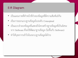 E-R Diagram
• เป็นแผนภาพที่ทาหน้าที่จาลองข้อมูลที่มีความสัมพันธ์กัน
• เป็นการออกแบบฐานข้อมูลในระดับ Conceptual
• เป็นแบบจาลองข้อมูลที่แสดงถึงโครงสร้างฐานข้อมูลที่เป็นอิสระ
จาก Software ที่จะใช้พัฒนาฐานข้อมูล (ไม่ขึ้นกับ Software)
• ทาให้บุคลากรเข้าใจในระบบฐานข้อมูลได้ง่าย
 