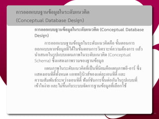 การออกแบบฐานข้อมูลในระดับแนวคิด
(Conceptual Database Design)
การออกแบบฐานข้อมูลในระดับแนวคิด (Conceptual Database
Design)
การออกแบบฐานข้อมูลในระดับแนวคิดคือ ขั้นตอนการ
ออกแบบจากข้อมูลที่ได้ในขั้นตอนการวิเคราะห์ความต้องการ แล้ว
นาเสนอในรูปแบบแผนภาพในระดับแนวคิด (Conceptual
Schema) ซึ่งแสดงภาพรวมของฐานข้อมูล
แผนภาพในระดับแนวคิดที่เป็นที่นิยมคือแผนภาพอี-อาร์ ซึ่ง
แสดงเอนทิตี้ทั้งหมด แอททริบิวส์ของแต่ละเอนทิตี้ และ
ความสัมพันธ์ระหว่างเอนทิตี้ ฟังก์ชันการขึ้นต่อกันในรูปแบบที่
เข้าใจง่าย และไม่ขึ้นกับระบบจัดการฐานข้อมูลที่เลือกใช้
40
 