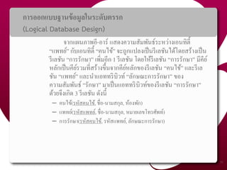 การออกแบบฐานข้อมูลในระดับตรรก
(Logical Database Design)
จากแผนภาพอี-อาร์ แสดงความสัมพันธ์ระหว่างเอนทิตี้
“แพทย์” กับเอนทิตี้ “คนไข้” จะถูกแปลงเป็นรีเลชันได้โดยสร้างเป็น
รีเลชัน “การรักษา” เพิ่มอีก 1 รีเลชัน โดยให้รีเลชัน “การรักษา” มีคีย์
หลักเป็นคีย์รวมที่สร้างขึ้นจากคีย์หลักของรีเลชัน “คนไข้” และรีเล
ชัน “แพทย์” และนาแอททริบิวท์ “ลักษณะการรักษา” ของ
ความสัมพันธ์ “รักษา” มาเป็นแอททริบิวท์ของรีเลชัน “การรักษา”
ด้วยจึงเกิด 3 รีเลชัน ดังนี้
– คนไข้(รหัสคนไข้, ชื่อ-นามสกุล, ห้องพัก)
– แพทย์(รหัสแพทย์, ชื่อ-นามสกุล, หมายเลขโทรศัพท์)
– การรักษา(รหัสคนไข้, รหัสแพทย์, ลักษณะการรักษา)
53
 