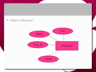 • ตัวอย่าง Attributes
Employee
Name
Emp_ID
Sex
Salary
 