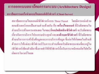 การออกแบบสถาปัตยกรรมระบบ (Architecture Design)
สถาปัตยกรรมเครือข่ายแบบไคลเอนต์เซิร์ฟเวอร์ (Client-Server)
สถาปัตยกรรมไคลเอนต์เซิร์ฟเวอร์แบบ Three-Tiered โดยมีการแบ่งส่วน
คอมพิวเตอร์ออกเป็นสามส่วนด้วยกัน คือ เครื่องไคลเอนต์ ที่รับผิดชอบใน
ส่วนบริการด้านการแสดงผล ในขณะที่แอปพลิเคชันเซิร์ฟเวอร์ จะรับผิดชอบ
เกี่ยวกับการบริการโปรแกรมประยุกต์ และดาต้าเบสเซิร์ฟเวอร์ ที่รับผิดชอบ
ด้านบริการการเข้าถึงข้อมูลและการบริการข้อมูล ซึ่งก่อให้เกิดผลในด้านดี
ด้วยการให้แต่ละเซิร์ฟเวอร์รับภาระส่วนที่ตนรับผิดชอบแทนที่จะอยู่ใน
เซิร์ฟเวอร์เพียงตัวเดียวซึ่งอาจทาให้เซิร์ฟเวอร์นั้นรับภาระหนักจนเกิดไปหรือ
เกิดการโอเวอร์โหลด
 