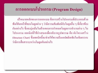 การออกแบบโปรแกรม (Program Design)
เป้าหมายหลักของการออกแบบ คือการสร้างโปรแกรมที่ประกอบด้วย
ฟังก์ชันหน้าที่ของโมดูลต่าง ๆ ว่ามีความสัมพันธ์กับโมดูลอื่น ๆ ที่เกี่ยวข้อง
กันอย่างไร ซึ่งจะมุ่งเน้นในด้านของการกาหนดโมดูลการทางานต่าง ๆ ใน
โปรแกรม เทคนิคที่ใช้นาเสนอเพื่ออธิบายรูปพรรณ คือ ผังโครงสร้าง
(Structure Chart) ซึ่งเทคนิคนี้จะช่วยให้ทราบถึงแอปพลิเคชันในเชิงตรรกะ
ว่ามีการสื่อสารระหว่างโมดูลกันอย่างไร
 