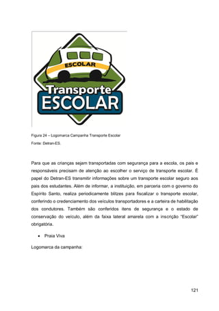 Figura 24 – Logomarca Campanha Transporte Escolar

Fonte: Detran-ES.




Para que as crianças sejam transportadas com segurança para a escola, os pais e
responsáveis precisam de atenção ao escolher o serviço de transporte escolar. É
papel do Detran-ES transmitir informações sobre um transporte escolar seguro aos
pais dos estudantes. Além de informar, a instituição, em parceria com o governo do
Espírito Santo, realiza periodicamente blitzes para fiscalizar o transporte escolar,
conferindo o credenciamento dos veículos transportadores e a carteira de habilitação
dos condutores. Também são conferidos itens de segurança e o estado de
conservação do veículo, além da faixa lateral amarela com a inscrição “Escolar”
obrigatória.

      Praia Viva

Logomarca da campanha:




                                                                                121
 