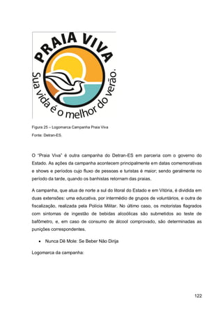 Figura 25 – Logomarca Campanha Praia Viva

Fonte: Detran-ES.




O “Praia Viva” é outra campanha do Detran-ES em parceria com o governo do
Estado. As ações da campanha acontecem principalmente em datas comemorativas
e shows e períodos cujo fluxo de pessoas e turistas é maior; sendo geralmente no
período da tarde, quando os banhistas retornam das praias.

A campanha, que atua de norte a sul do litoral do Estado e em Vitória, é dividida em
duas extensões: uma educativa, por intermédio de grupos de voluntários, e outra de
fiscalização, realizada pela Polícia Militar. No último caso, os motoristas flagrados
com sintomas de ingestão de bebidas alcoólicas são submetidos ao teste de
bafômetro, e, em caso de consumo de álcool comprovado, são determinadas as
punições correspondentes.

      Nunca Dê Mole: Se Beber Não Dirija

Logomarca da campanha:




                                                                                 122
 