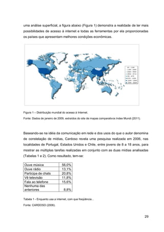 uma análise superficial, a figura abaixo (Figura 1) demonstra a realidade de ter mais
possibilidades de acesso à internet e todas as ferramentas por ela proporcionadas
os países que apresentam melhores condições econômicas.




Figura 1 – Distribuição mundial do acesso à Internet.

Fonte: Dados de janeiro de 2009, extraídos do site de mapas comparativos Index Mundi (2011).




Baseando-se na idéia da comunicação em rede e dos usos do que o autor denomina
de constelação de mídias, Cardoso revela uma pesquisa realizada em 2006, nas
localidades de Portugal, Estados Unidos e Chile, entre jovens de 8 a 18 anos, para
mostrar as múltiplas tarefas realizadas em conjunto com as duas mídias analisadas
(Tabelas 1 e 2). Como resultado, tem-se:

Ouve música                    56,0%
Ouve rádio                     13,1%
Participa de chats             20,8%
Vê televisão                   11,8%
Fala ao telefone               15,6%
Nenhuma das
anteriores                       8,8%

Tabela 1 - Enquanto usa a internet, com que freqüência...

Fonte: CARDOSO (2006).



                                                                                               29
 