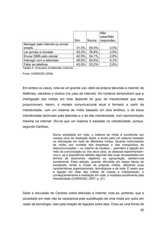 Não
                                                               sabe/Não
                                          Sim         Nunca    respondeu
Navegar pela internet ou enviar
emails                                        31,5%    65,0%        3,5%
Ler jornais e revistas                        20,3%    76,8%        3,0%
Enviar SMS pelo celular                       42,9%    54,1%        2,9%
Interagir com a televisão                     29,9%    65,6%        4,3%
Falar ao telefone                             43,9%    53,2%        2,9%
Tabela 2 - Enquanto vê televisão costuma...

Fonte: CARDOSO (2006).




Em ambos os casos, nota-se um grande uso, além da própria televisão e internet, de
telefones, celulares e música (no caso da internet). Os números demonstram que a
interligação das mídias em rede depende do grau de interatividade que elas
proporcionam. Assim, o modelo comunicacional atual é formado a partir da
interatividade, com um sistema de mídia baseado em dois âmbitos, o da baixa
interatividade dominado pela televisão e o da alta interatividade, com representação
máxima na internet. Diz-se que um sistema é baseado na interatividade, porque,
segundo Cardoso,

                        Numa sociedade em rede, o sistema de mídia é constituído por
                        nossos usos da mediação desta, e evolui para um sistema baseado
                        na articulação em rede de diferentes mídias. Quando instrumentos
                        de mídia, por vontade das empresas e das companhias de
                        telecomunicações – ou mesmo de hackers -, permitem a ligação em
                        rede da comunicação ou dos seus usos, as pessoas experimentam-
                        nos e, se a experiência satisfaz algumas das suas necessidades em
                        termos de autonomia, objetivos ou apropriação, adotam-nos
                        socialmente. Essa adoção, quando difundida em largas faixas da
                        sociedade, tende a mudar as próprias mídias, alterando suas
                        características organizacionais, tecnológicas e de rede. É assim que
                        a ligação em rede das mídias de massa e interpessoais, e
                        consequentemente a mediação em rede, é moldada socialmente pela
                        interatividade (CARDOSO, 2007, p. 31).



Dada a discussão de Cardoso sobre televisão e internet, nota-se, portanto, que a
sociedade em rede não se caracteriza pela substituição de uma mídia por outra em
razão da tecnologia, mas pela criação de ligações entre elas. Criou-se uma forma de
                                                                                         30
 