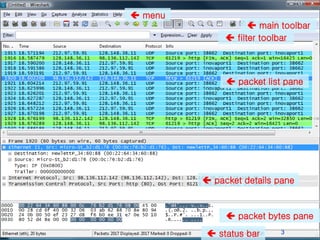  menu
 main toolbar
 filter toolbar
 packet list pane
 packet details pane
 packet bytes pane
 status bar 3
 