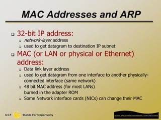 5-4
MAC Addresses and ARP
 32-bit IP address:
 network-layer address
 used to get datagram to destination IP subnet
 MAC (or LAN or physical or Ethernet)
address:
 Data link layer address
 used to get datagram from one interface to another physically-
connected interface (same network)
 48 bit MAC address (for most LANs)
burned in the adapter ROM
 Some Network interface cards (NICs) can change their MAC
 