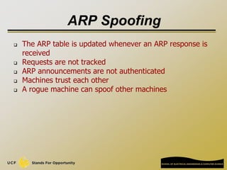 ARP Spoofing
 The ARP table is updated whenever an ARP response is
received
 Requests are not tracked
 ARP announcements are not authenticated
 Machines trust each other
 A rogue machine can spoof other machines
 