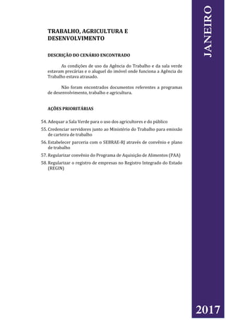 TRABALHO, AGRICULTURA E
DESENVOLVIMENTO
DESCRIÇÃO DO CENÁRIO ENCONTRADO
As condições de uso da Agência do Trabalho e da sala verde
estavam precárias e o aluguel do imóvel onde funciona a Agência do
Trabalho estava atrasado.
Não foram encontrados documentos referentes a programas
de desenvolvimento, trabalho e agricultura.
AÇÕES PRIORITÁRIAS
54. Adequar a Sala Verde para o uso dos agricultores e do público
55. Credenciar servidores junto ao Ministério do Trabalho para emissão
de carteira de trabalho
56. Estabelecer parceria com o SEBRAE-RJ através de convênio e plano
de trabalho
57. Regularizar convênio do Programa de Aquisição de Alimentos (PAA)
58. Regularizar o registro de empresas no Registro Integrado do Estado
(REGIN)
2017
JANEIRO
 