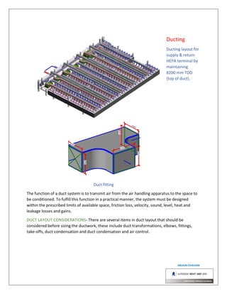 Ducting
Ducting layout for
supply & return
HEPA terminal by
maintaining
8200 mm TOD
(top of duct).
Duct fitting
The function of a duct system is to transmit air from the air handling apparatus to the space to
be conditioned. To fulfill this function in a practical manner, the system must be designed
within the prescribed limits of available space, friction loss, velocity, sound, level, heat and
leakage losses and gains.
DUCT LAYOUT CONSIDERATIONS- There are several items in duct layout that should be
considered before sizing the ductwork, these include duct transformations, elbows, fittings,
take-offs, duct condensation and duct condensation and air control.
 