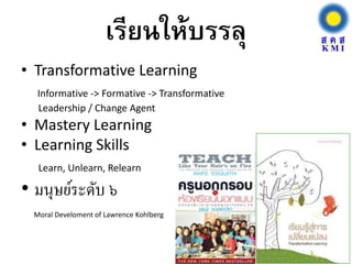 เรียนให้บรรลุ
• Transformative Learning
Informative -> Formative -> Transformative
Leadership / Change Agent
• Mastery Learning
• Learning Skills
Learn, Unlearn, Relearn
• มนุษย์ระดับ ๖
Moral Develoment of Lawrence Kohlberg
 