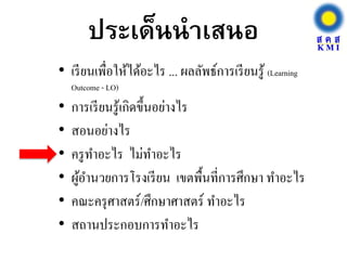ประเด็นนาเสนอ
• เรียนเพื่อให้ได้อะไร ... ผลลัพธ์การเรียนรู้ (Learning
Outcome - LO)
• การเรียนรู้เกิดขึ้นอย่างไร
• สอนอย่างไร
• ครูทาอะไร ไม่ทาอะไร
• ผู้อานวยการโรงเรียน เขตพื้นที่การศึกษา ทาอะไร
• คณะครุศาสตร์/ศึกษาศาสตร์ ทาอะไร
• สถานประกอบการทาอะไร
 