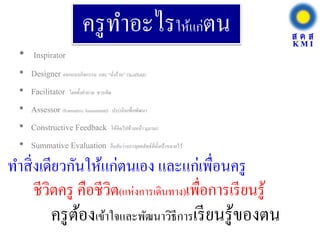 ครูทาอะไรให้แก่ตน
• Inspirator
• Designer ออกแบบกิจกรรม และ “นั่งร้าน” (Scaffold)
• Facilitator โดยตั้งคาถาม ชวนคิด
• Assessor (Formative Assessment) ประเมินเพื่อพัฒนา
• Constructive Feedback ให้คิดไปข้างหน้า มุมานะ
• Summative Evaluation ยืนยันว่าบรรลุผลลัพธ์ที่ตั้งเป้าหมายไว้
ทาสิ่งเดียวกันให้แก่ตนเอง และแก่เพื่อนครู
ชีวิตครู คือชีวิต(แห่งการเดินทาง)เพื่อการเรียนรู้
ครูต้องเข้าใจและพัฒนาวิธีการเรียนรู้ของตน
 