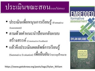 ประเมินขณะสอน(แบบไม่สอน)
• ประเมินเพื่อหนุนการเรียนรู้ (Formative
Assessment)
• ตามด้วยคาแนะนาป้อนกลับแบบ
สร้างสรรค์(Constructive Feedback)
• แล้วจึงประเมินผลลัพธ์การเรียนรู้
(Summative Evaluation) เพื่อยืนยันว่าบรรลุเป้าหมาย
https://www.gotoknow.org/posts/tags/Dylan_Wiliam
 