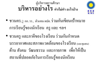 บริหารอย่างไร ทา/ไม่ทา อะไรบ้าง
• ชวนคร,ู้ กก. รร., ตัวแทน ผปค. ร่วมกันเขียนเป้าหมาย
การเรียนรู้ของนักเรียน ครู และ ฯลฯ
• ชวนครู และภาคีของโรงเรียน ร่วมกันกาหนด
บรรยากาศและสภาพแวดล้อมของโรงเรียน(และชุมชน)
ด้าน สังคม วัฒนธรรม และกายภาพ เพื่อให้เป็น
สถานที่ปลอดภัยในการเรียนรู้ของนักเรียน
ผู้บริหารสถานศึกษา
 