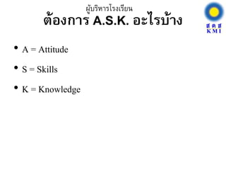 ต้องการ A.S.K. อะไรบ้าง
• A = Attitude
• S = Skills
• K = Knowledge
ผู้บริหารโรงเรียน
 