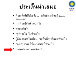 ประเด็นนาเสนอ
• เรียนเพื่อให้ได้อะไร ... ผลลัพธ์การเรียนรู้ (Learning
Outcome - LO)
• การเรียนรู้เกิดขึ้นอย่างไร
• สอนอย่างไร
• ครูทาอะไร ไม่ทาอะไร
• ผู้อานวยการโรงเรียน เขตพื้นที่การศึกษา ทาอะไร
• คณะครุศาสตร์/ศึกษาศาสตร์ ทาอะไร
• สถานประกอบการทาอะไร
 