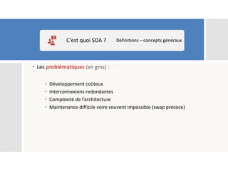  Les problématiques (en gros) :
 Développement coûteux
 Interconnexions redondantes
 Complexité de l’architecture
 Maintenance difficile voire souvent impossible (swap précoce)
C’est quoi SOA ? Définitions – concepts généraux
 