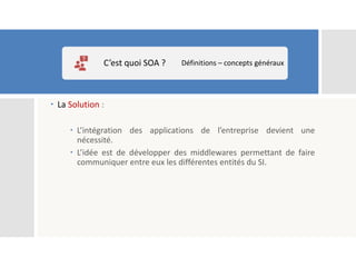  La Solution :
 L’intégration des applications de l’entreprise devient une
nécessité.
 L’idée est de développer des middlewares permettant de faire
communiquer entre eux les différentes entités du SI.
C’est quoi SOA ? Définitions – concepts généraux
 