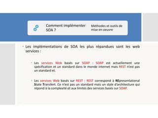  Les implémentations de SOA les plus répandues sont les web
services :
 Les services Web basés sur SOAP : SOAP est actuellement une
spécification et un standard dans le monde internet mais REST n’est pas
un standard et.
 Les services Web basés sur REST : REST correspond à REpresentational
State Transfert. Ce n’est pas un standard mais un style d’architecture qui
répond à la complexité et aux limites des services basés sur SOAP.
Comment implémenter
SOA ?
Méthodes et outils de
mise en oeuvre
 