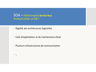 SOA – ESB (Entreprise Service Bus)
Pourquoi utiliser un ESB ?
 Rigidité des architectures logicielles
 Coût d’exploitation et de maintenance élevé
 Plusieurs infrastructures de communication
 …
 