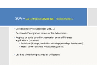  Gestion des services (services web, …)
 Gestion de l’intégration basée sur les événements
 Propose un socle pour l’orchestration entre différentes
applications (services)
 Technique (Routage, Médiation (décodage/encodage des données)
 Métier (BPM – Business Process management)
 L’ESB ne s’interface pas avec les utilisateurs
SOA – ESB (Entreprise Service Bus) - Fonctionnalités ?
 