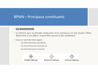 BPMN – Principaux constituants
 Les branchements
 Le chemin que va prendre l’exécution d’un processus n’a pas besoin d’être
déterminé à son début. Il peut être soumis à des conditions.
 Ceux-ci sont de trois types :
 les branchements parallèles,
 les branchements exclusifs et
 les branchements inclusifs.
 