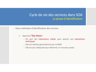 Cycle de vie des services dans SOA
La phase d’identification
 Deux méthodes d’identification des services
2. Approche Top-down :
 On part des interactions métier pour aboutir aux interactions
techniques
 Elle est réalisée généralement par la MOA
 Elle est plus adéquate pour démarrer un nouveau projet
 
