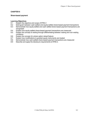Chapter 8 Share-based payment
© John Wiley & Sons, Ltd 2016 8.2
CHAPTER 8
Share-based payment
Learning Objectives
8.1 Explain the objective and scope of IFRS 2
8.2 Distinguish between cash-settled and equity-settled share-based payment transactions
8.3 Demonstrate how equity-settled and cash settled share-based payment transactions are
recognised
8.4 Explain how equity-settled share-based payment transactions are measured
8.5 Explain the concept of vesting through differentiating between vesting and non-vesting
conditions
8.6 Explain the concept of a share option reload feature
8.7 Explain how modifications to granted equity instruments are treated
8.8 Demonstrate how cash-settled share-based payment transactions are measured
8.9 Describe and apply the disclosure requirements of IFRS 2.
 