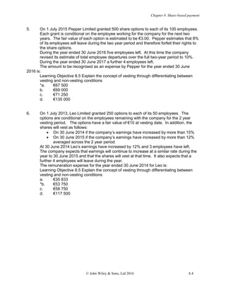 Chapter 8 Share-based payment
© John Wiley & Sons, Ltd 2016 8.4
5. On 1 July 2015 Pepper Limited granted 500 share options to each of its 100 employees.
Each grant is conditional on the employee working for the company for the next two
years. The fair value of each option is estimated to be €3.00. Pepper estimates that 8%
of its employees will leave during the two year period and therefore forfeit their rights to
the share options.
During the year ended 30 June 2016 five employees left. At this time the company
revised its estimate of total employee departures over the full two-year period to 10%.
During the year ended 30 June 2017 a further 4 employees left.
The amount to be recognised as an expense by Pepper for the year ended 30 June
2016 is:
Learning Objective 8.5 Explain the concept of vesting through differentiating between
vesting and non-vesting conditions
*a. €67 500
b. €69 000
c. €71 250
d. €135 000
6. On 1 July 2013, Leo Limited granted 250 options to each of its 50 employees. The
options are conditional on the employees remaining with the company for the 2 year
vesting period. The options have a fair value of €10 at vesting date. In addition, the
shares will vest as follows:
• On 30 June 2014 if the company’s earnings have increased by more than 15%
• On 30 June 2015 if the company’s earnings have increased by more than 12%
averaged across the 2 year period
At 30 June 2014 Leo’s earnings have increased by 12% and 3 employees have left.
The company expects that earnings will continue to increase at a similar rate during the
year to 30 June 2015 and that the shares will vest at that time. It also expects that a
further 4 employees will leave during the year.
The remuneration expense for the year ended 30 June 2014 for Leo is:
Learning Objective 8.5 Explain the concept of vesting through differentiating between
vesting and non-vesting conditions
a. €35 833
*b. €53 750
c. €58 750
d. €117 500
 