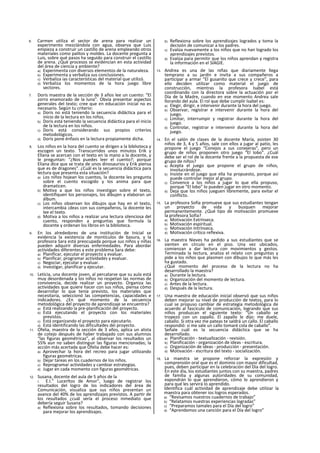 6. Carmen utiliza el sector de arena para realizar un
experimento mezclándola con agua, observa que Luis
empieza a construir un castillo de arena empleando otros
materiales como palitos y moldes. La docente pregunta a
Luis, sobre qué pasos ha seguido para construir el castillo
de arena. ¿Qué procesos se evidencian en esta actividad
del área de ciencia y ambiente?
a) Experimenta con diversos elementos de la naturaleza.
b) Experimenta y verbaliza sus conclusiones.
c) Verbaliza ias características del material que utilizó.
d) Verbaliza los momentos de la hora juego libre
sectores.
7. Doris maestra de la sección de 3 años lee un cuento: “El
zorro enamorado de la luna”. Obvia presentar aspectos
generales del texto; cree que en educación inicial no es
necesario. Según tu criterio:
a) Doris no está teniendo la secuencia didáctica para el
inicio de la lectura en los niños.
b) Doris está teniendo la secuencia didáctica para el inicio
de la lectura en los niños.
c) Doris está considerando sus propios criterios
metodológicos.
d) Doris pone énfasis en la lectura propiamente dicha.
8. Los niños en la hora del cuento se dirigen a la biblioteca y
escogen un texto. Transcurridos unos minutos Erik y
Ellana se acercan con el texto en la mano a la docente, y
le preguntan: “¿Nos puedes leer el cuento?; porque
Eliana dice que se trata de unos dinosaurios y Erik piensa
que es de dragones". ¿Cuál es la secuencia didáctica para
lectura que presenta esta situación?
a) Los niños hojean los cuentos, la docente les pregunta
sobre el cuento escogido y los anima para que
dramaticen.
b) Motiva a que los niños investigan sobre el texto,
identifiquen los personajes, los dibujen y elaboran un
álbum.
c) Los niños observan los dibujos que hay en el texto,
intercambia ¡deas con sus compañeros, la docente les
lee el texto.
d) Motiva a los niños a realizar una lectura silenciosa del
cuento, responden a preguntas que formula la
docente y ordenan los libros en la biblioteca.
9. En los alrededores de una institución de Inicial se
evidencia la existencia de montículos de basura, y la
profesora Sara está preocupada porque sus niños y niñas
pueden adquirir diversas enfermedades. Para abordar
actividades diferentes a este problema Sara debe:
a) Planificar, ejecutar el proyecto y evaluar.
b) Planificar, programar actividades y evaluar.
c) Negociar, ejecutar y evaluar.
d) Investigar, planificar y ejecutar.
10. Leticia, una docente joven, al percatarse que su aula está
muy desordenada y los niños no respetan las normas de
convivencia, decide realizar un proyecto. Organiza las
actividades que quiere hacer con sus niños, piensa cómo
desarrollar lo que tenía previsto, los materiales que
necesitaría, seleccionó las competencias, capacidades e
indicadores. ¿En qué momento de la secuencia
metodológica del proyecto de aprendizaje se encuentra?
a) Está realizando la pre-planificación del proyecto.
b) Está ejecutando el proyecto con los materiales
previstos.
c) Está organizando el proyecto para ejecutarlo.
d) Está identificando las dificultades dei proyecto.
11. Ofelia, maestra de la sección de 3 años, aplica un alista
de cotejo después de haber trabajado con sus alumnos
“las figuras geométricas", al observar los resultados un
55% aun no saben distinguir las figuras mencionadas; la
acción más acertada que Ofelia debe hacer es:
a) Aprovechar la hora del recreo para jugar utilizando
figuras geométricas.
b) Dejar tareas en los cuadernos de los niños.
c) Reprogramar actividades y cambiar estrategias.
d) Jugar en cada momento con figuras geométricas.
12. Susana, docente del aula de 5 años de la
I. E.I.” Lucerltos de Amor", luego de registrar los
resultados del logro de los indicadores del área de
Comunicación, visualiza que sus niños presentan un
avance del 40% de los aprendizajes previstos. A partir de
los resultados ¿cuál sería el proceso inmediato que
debería seguir Susana?
a) Reflexiona sobre los resultados, tomando decisiones
para mejorar los aprendizajes.
b) Reflexiona sobre los aprendizajes logrados y toma la
decisión de comunicar a los padres.
c) Evalúa nuevamente a los niños que no han logrado los
aprendizajes previstos.
d) Evalúa para permitir que los niños aprendan y registra
la información en el SIAGIE.
13. Andrea es una de las niñas que diariamente llega
temprano a su jardín e invita a sus compañeros a
participar a armar “El gusanito que crece y crece", para
ello deciden utilizar como material el juego de
construcción, mientras la profesora Isabel está
coordinando con la directora sobre la actuación por el
Día de la Madre, cuando en ese momento Andrea sale
llorando del aula. El rol que debe cumplir Isabel es:
a) Elegir, dirigir, e intervenir durante la hora del juego.
b) Observar, registrar e intervenir durante la hora del
juego.
c) Limitar, interrumpir y registrar durante la hora del
juego.
d) Controlar, registrar e intervenir durante la hora del
juego.
14. En el salón de clases de la docente María, asisten 30
niños de 3, 4 y 5 años, sale con ellos a jugar al patio, les
propone el juego “Conejos a sus conejeras", pero un
grupo de niños proponen otro juego “El lobo”. ¿Cuál
debe ser el rol de la docente frente a la propuesta de ese
grupo de niños?
a) Acepta el juego que propone el grupo de niños,
involucrándose.
b) Insiste en el juego que ella ha propuesto, porque así
puede controlar mejor al grupo.
c) Convence a los niños a jugar lo que ella propuso,
porque “El lobo” lo pueden jugar en otro momento.
d) Deja que los niños jueguen libremente, para evitar el
conflicto.
15. La profesora Sofía promueve que sus estudiantes tengan
un proyecto de vida y busquen mejorar
permanentemente. ¿Qué tipo de motivación promueve
la profesora Sofía?
a) Motivación Extrínseca.
b) Motivación espiritual.
c) Motivación Intrínseca.
d) Motivación crítico reflexiva.
16. La maestra Nieves ha pedido a sus estudiantes que se
sienten en círculo en el piso. Una vez ubicados,
comienzan a dar lectura con movimientos y gestos.
Terminada la lectura, analiza el relato con preguntas y
pide a los niños que plasmen con dibujos lo que más les
ha gustado.
¿Qué momento del proceso de la lectura no ha
desarrollado la maestra?
a) Durante la lectura.
b) Organización del momento de lectura.
c) Antes de la lectura.
d) Después de la lectura.
17. Una maestra de educación inicial observó que sus niños
deben mejorar su nivel de producción de textos, para lo
cual se propuso cambiar de estrategia metodológica de
acuerdo al fascículo de comunicación, logrando que sus
niños produzcan el siguiente texto: “Un caballo se
tropezó con un zapallo. El zapallo le dijo: me duele,
caballo. Si otra vez me pateas te saldrá un callo. El caballo
respondió: si me sale un callo tomaré cola de caballo".
Señale cuál es la secuencia didáctica que se ha
desarrollado.
a) Planificación - textuallzación - revisión.
b) Planificación - organización de ideas - escritura.
c) Organización de ideas - producción - presentación.
d) Motivación - escritura del texto - socialización.
18. La maestra se propone reforzar la expresión y
comprensión oral que es el dominio con mayor dificultad,
pues, deben participar en la celebración del Día del logro.
En este día, los estudiantes juntos con su maestra, padres
de familia y algunas autoridades de su comunidad,
expondrán lo que aprendieron, cómo lo aprendieron y
para qué les servirá lo aprendido.
Identifica cuál actividad de aprendizaje debe utilizar la
maestra para obtener ios logros esperados.
a) “Revisamos nuestros cuadernos de trabajo”
b) “Relatamos nuestras experiencias logradas”
c) “Preparamos tamales para el Día del logro”
d) “Aprendemos una canción para el Día del logro”
 