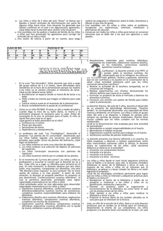 20. Los niños y niñas de 5 años del aula “Amor” se llaman por
Apodos y tienen actitudes de discriminación por parte de
algunas niñas hacia otras. Esta situación ha generado que
existan conflictos en el aula y en algunoscasos agresiones.
¿Qué debe hacer la docente para revertir esta situación?
a) Una asamblea con los padres y madres de familia de los niños
y niñas que han provocado las agresiones para corregir las
actitudes de sus hijos e hijas.
b) Una sesión de tutoría a partir de un cuento, para luego
realizar las preguntas y reflexionar sobre lo leído, dramatizar y
dibujar lo que más les gustó.
c) Una asamblea con los niños y niñas sobre el problema,
recogiendo sus experiencias, intereses, malestares y
alternativas de solución.
d) Conversar con todos los niños y niñas para tomar en consenso
sanciones que se debe dar a los que son agresivos y usan
apodos.
1. En la cuna “San Gerardlto", Sofia, docente que está a cargo
del grupo etéreo de 3 a 6 meses, tiene dificultades para
atenderlos en la hora de la alimentación porque las madres
y los niños no se sienten cómodos al momento de lactar.
¿Qué acción deberá tomar Sofía?
a) Acondicionar un espacio donde ia mamá dé de lactar a su
bebé.
b) Pedir a todas las mamás que traigan un biberón para cada
bebé.
c) Colocar música suave en el momento de la alimentación.
d) Buscar inmediatamente ia ayuda de un profesional.
2. Víctor es un niño PIETBAF. Él tiene un año y medio de edad y
cuando llega la hora de su baño diario, la mamá y la
promotora preparan lo necesario para su aseo. Antes de
sumergirle en la tina, le anticipan para el baño. Ei niño se
siente feliz para estar en el agua.
¿Qué genera el baño placentero en el niño?
a) Confianza en si mismo.
b) Placer por descubrir.
c) Sensaciones de temor.
d) Dependencia y sobreprotección.
3. La profesora del aula “Los Triunfadores”, desarrolló el
proyecto “Las plantas de mi comunidad", observando que
sus niños habían seguido una secuencia con piedritas
pintadas, para poder cercar las plantas del biohuerto, ¿Qué
logro se evidencia?
a) Los niños ordenan en serie una colección de objetos.
b) Los niños ordenan una colección de objetos sin patrones
de repetición.
c) Los niños construyen secuencias con patrones de
repetición.
d) Los niños muestran interés por el cuidado de las plantas.
4. En el momento de “La hora del cuento", los niños y niñas se
predisponen a escuchar el cuento que la docente les va a
leer. Cada niño va a coger su alfombra para sentarse en el
piso. En este momento, la docente observa que dos niños
están, muy inquietos, comparando sus alfombras. Uno dice
“MI alfombra tiene coquitos” ei otro contesta “De mi tiene
rayitas de colores y es más grande". A partir de esta
situación, la docente se propone planificar un proyecto al
que denominará “Confeccionamos nuestras alfombras", el
cual le permitirá desarrollar actividades para lograr
capacidades matemáticas en los niños y niñas.
¿Qué actividades serán las más adecuadas para desarrollar
capacidades matemáticas en los niños y niñas?
a) Diseñamos nuestras alfombras, confeccionamos nuestras
alfombras,elaboramos nuestras normas de convivencia,
cumplimos nuestras responsabilidades para elaborar las
alfombras.
b) Elaboramos diseños para nuestras alfombras, exploramos
nuestras alfombras, comparamos nuestras alfombras,
cumplimos las normas de convivencia.
c) Exploramos nuestras alfombras, comparamos nuestras
alfombras, elaboramos nuestras alfombras con la ayuda
de mamá, exhibimos nuestras alfombras.
d) Recolectamos materiales para nuestras alfombras,
exploramos los materiales, elaboramos nuestros diseños,
seleccionamos los materiales, construimos nuestras
alfombras, exponemos nuestros trabajos.
5. En el aula “Los Carlñositos”, la docente orientó a los PPFF, al
inicio del año escolar sobre la lonchera nutritiva. Sin
embargo, viene observando que en el refrigerio, los niños en
sus loncheras traen galletas, chisitos y gaseosas; alimentos
que no son nutritivos y no ayudan en la conservación de la
salud. ¿Qué actividad plantearía para que los niños
consuman alimentos nutritivos?
a) Realizar la actividad de la lonchera compartida, en el
momento del refrigerio.
b) Realizar experimentos con chisitos; demostrando los
efectos dañinos que causa en su cuerpo.
c) Formular un proyecto de visita al mercado y observar los
alimentos nutritivos.
d) Convocar una reunión con padres de familia para hablar
sobre la alimentación.
6. La docente Jhanina, del aula de 5 años, durante el desarrollo
de su proyecto de Aprendizaje denominado: “Huertos
verdes”, le corresponde desarrollar una capacidad del Área
Ciencia y Ambiente, en el huerto. Los niños y niñas en grupo
salen del aula y se disponen a trabajar en parejas para
sembrar las semillas de plantas medicinales. Jhanina tiene
mucho cuidado que los niños cumplan con las normas
establecidas.
¿Cuál es la denominación más aceptada para esta actividad
de aprendizaje?
a) Aprendamos a cumplir responsabilidades en el huerto.
b) Aprendamos a trabajar en grupo.
c) Organizamos nuestras normas para trabajar en el huerto.
d) Sembramos semillas de plantas medicinales.
7. La docente presenta una lámina referente a la cosecha, los
niños empiezan a observar y realizan suposiciones, entre
ellos intercambian opiniones sobre la lámina, la docente
aclara ías suposiciones de los niños. ¿Qué secuencia
didáctica se observa en la actividad?
a) Iniciación a la comprensión lectora.
b) Iniciación a la lectura.
c) Iniciación a la Escritura.
d) Iniciación a la lecto - escritura.
8. Los niños y niñas desde el nivel inicial adquieren prácticas
para el hábito a la lectura; para ello, la docente considera
ambientar el sector de la biblioteca y letrar el aula. La
mayoría de los niños y niñas no se interesan por la
biblioteca, se pelean y a veces rompen los libros y no están
logrando el propósito.
¿Cuál de las estrategias consideras pertinente para lograr
que los niños y niñas se Interesen y adquieran prácticas para
el hábito a la lectura?
a) Reorganizar el sector de la biblioteca a través de un
proyecto e involucrar a los niños y niñas en su
planificación, evaluación y ejecución.
b) Plantear un proyecto sobre la organización y
funcionamiento de la biblioteca así como letrar el aula
con las producciones de los niños.
c) Pedir opinión a ios niños y niñas para reubicar la
biblioteca y letrar el aula.
d) Propiciar la lectura diaria de los carteles ubicados en el
aula para que se Interesen en la lectura.
9. José, un niño de la sección de 4 años, llevó a su aula diversos
productos que se venden en la tienda pero en miniatura,
despertando el interés de sus compañeros; los niños
proponen a la docente tener una tienda en el aula. ¿En qué
CLAVE DE RES PUESTAS N° 09
1 2 3 4 5 6 7 8 9 10
B C D B A B C D A A
11 12 13 14 15 16 17 18 19 20
D A C B A C B A C C
 