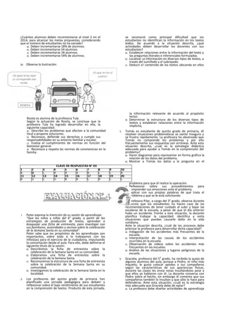 ¿Cuántos alumnos deben incrementarse al nivel 2 en el
2014, para alcanzar las metas propuestas, considerando
que ei número de estudiantes no ha variado?
a) Deben incrementarse 18% de alumnos.
b) Deben incrementarse 54 alumnos.
c) Deben incrementarse 18 alumnos.
d) Deben incrementarse 54% de alumnos.
20. Observa la ilustración:
Rosita es alumna de la profesora Tula.
Según la actuación de Rosita, se concluye que la
profesora Tula ha logrado desarrollar en ella, la
siguiente capacidad:
a) Describe los problemas que afectan a la comunidad
local y propone soluciones.
b) Reconoce, defiende sus derechos y cumple sus
responsabilidades en su entorno familiar y escolar.
c) Evalúa el cumplimiento de normas en función del
bienestar general.
d) Reconoce y respeta las normas de convivencias en la
familia.
1. Peter expresa la intención de su sesión de aprendizaje:
“Que los niños y niñas del 6° grado, a partir de las
estrategias de producción de textos, aprendan a
bosquejar una ficha de entrevista, para investigar con
sus familiares, autoridades y vecinos sobre la celebración
de la Semana Santa en su comunidad".
Peter sabe que ios propósitos de los aprendizajes son
importantes, sobre todo si lo trabajamos con los
nlños(as) para el ejercicio de la ciudadanía, impulsando
la concertación desde el aula. Para ello, debe definirse el
siguiente título de la sesión:
a) Describimos la ficha de entrevista sobre la
celebración de la Semana Santa en su comunidad.
b) Elaboramos una ficha de entrevista sobre la
celebración de la Semana Santa.
c) Reconocemos la estructura de una ficha de entrevista
sobre la celebración de la Semana Santa en su
comunidad.
d) Investigamos la celebración de la Semana Santa en la
localidad.
2. Los profesores del quinto grado de primaria han
planificado una jornada pedagógica para debatir y
reflexionar sobre el bajo rendimiento de sus estudiantes
en la comprensión de textos. Producto de esta jornada,
se reconoció como principal dificultad que ios
estudiantes no identifican la información en los textos
leídos. De acuerdo a la situación descrita, ¿qué
actividades deben desarrollar los docentes con sus
estudiantes?
a) Establecer relaciones entre la información del texto y
las preguntas literales e inferenciales formuladas.
b) Localizar ¡a información en diversos tipos de textos, a
través del sumillado y el subrayado.
c) Deducir e! contenido de los textos ubicando en ellos
la información relevante de acuerdo al propósito
lector.
d) Determinar la estructura de los diversos tipos de
textos y establecer relaciones entre la información
implícita,
3. Tomás es estudiante de quinto grado de primaria, Al
resolver situaciones problemáticas se siente Inseguro y
se frustra rápidamente. La profesora ha observado que
Tomás no comprende los problemas y por ello
frecuentemente sus respuestas son erróneas. Ante esta
situación descrita, ¿cuál es la estrategia didáctica
adecuada para ayudar a Tomás en la comprensión del
problema?
a) Hacer diagramas para representar en forma gráfica la
relación de los datos del problema.
b) Mostrar a Tomás los datos y la pregunta en el
problema para que él realice la operación.
c) Reflexionar sobre sus procedimientos para
comprender sus emociones ante el problema.
d) Explicar con sus propias palabras de qué trata el
problema y qué se le está solicitando.
4. La profesora Pilar, a cargo del 3° grado, observa durante
el recreo que los estudiantes no hacen caso de las
recomendaciones de tener cuidado al subir y bajar las
escaleras de la escuela, a pesar de que el día anterior
hubo un accidente. Frente a esta situación, la docente
planifica trabajar la capacidad: identifica y evita
situaciones que puedan causarle daño en la vida
cotidiana.
Ante la situación descrita, ¿cuál de los procesos debe
prlorizar la profesora para desarrollar dicha capacidad?
a) Indagación de los accidentes más frecuentes de la
escuela.
b) Interpretación de las causas de los accidentes
ocurridos en la escuela.
c) Observación de videos sobre los accidentes más
frecuentes en las escuelas.
d) Análisis de las situaciones y lugares peligrosos de la
escuela.
5. Graciela, profesora del 5
o
grado, ha recibido la queja de
algunos alumnos del aula, porque a Pedro, el niño más
inquieto, le gusta colocar apodos a sus compañeros
según las características de sus apariencias físicas,
durante las clases les envía notas Insultándolos pese a
que ellos ya hablaron con él. La docente conversa con
Pedro sobre el hecho, sin embargo él comenta que sus
compañeros también lo Insultan y que sólo lo hace para
defenderse. Ante esta situación, ¿cuál es la estrategia
más adecuada que Graciela debe de optar?
a) La profesora debe diseñar actividades de aprendizaje
CLAVE DE RESPUESTAS N° 03
1 2 3 4 5 6 7 8 9 10
B D C A A A B C C A
11 12 13 14 15 16 17 18 19 20
B D C D B A C A C C
 