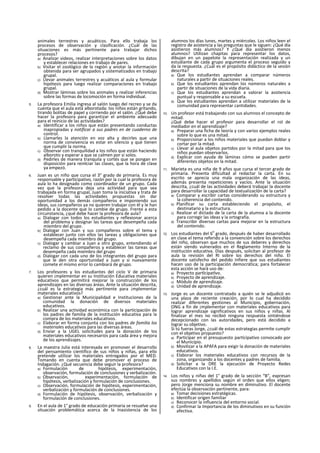 animales terrestres y acuáticos. Para ello trabaja los
procesos de observación y clasificación. ¿Cuál de las
situaciones es más pertinente para trabajar dichos
procesos?
a) Analizar videos, realizar interpretaciones sobre los datos
y establecer relaciones en trabajo de pares.
b) Visitar el zoológico de la región y anotar la información
obtenida para ser agrupados y sistematizados en trabajo
grupal.
c) Llevar animales terrestres y acuáticos al aula y formular
hipótesis para luego realizar comparaciones en trabajo
grupal.
d) Mostrar láminas sobre los animales y realizar inferencias
sobre las formas de locomoción en forma individual.
5. La profesora Emilia ingresa al salón luego del recreo y se da
cuenta que el aula está alborotada: los niños están gritando,
tirando bolitas de papel y corriendo por el salón. ¿Qué debe
hacer la profesora para garantizar el ambiente adecuado
para el reinicio de las actividades?
a) Identificar a los niños que están presentando conductas
inapropiadas y notificar a sus padres en de cuaderno de
control.
b) Llamarles la atención en voz alta y decirles que una
norma de convivencia es estar en silencio y que tienen
que cumplir la norma.
c) Observar con tranquilidad a los niños que están haciendo
alboroto y esperar a que se calmen por si solos.
d) Pedirles de manera tranquila y cortés que se pongan en
disposición para reinlciar las clases, que la hora de clase
ya empezó.
6. Juan es un niño que cursa el 3° grado de primaria. Es muy
responsable y participativo, razón por la cual la profesora de
aula lo ha designado como coordinador de un grupo. Cada
vez que la profesora deja una actividad para que sea
trabajada en forma grupal, Juan toma la iniciativa y trata de
resolver todas las actividades propuestas sin dar
oportunidad a los demás compañeros e imponiendo sus
ideas, sus compañeros ya no quieren trabajar con él y le han
pedido a la docente que lo cambie de grupo. Frente a esta
circunstancia, ¿qué debe hacer la profesora de aula?
a) Dialogar con todos los estudiantes y reflexionar acerca
del problema y designar las tareas que desempeña cada
miembro del grupo.
b) Dialogar con Juan y sus compañeros sobre el tema y
establecer junto con ellos las tareas y obligaciones que
desempeña cada miembro del grupo.
c) Dialogar y cambiar a Juan a otro grupo, entendiendo el
reclamo de sus compañeros y establecer las tareas que
desempeña cada miembro del grupo
d) Dialogar con cada uno de los integrantes del grupo para
que le den otra oportunidad a Juan y si nuevamente
comete el mismo error lo cambiará de grupo.
7. Los profesores y los estudiantes del ciclo V de primaria
quieren ¡mplementar en su Institución Educativa materiales
educativos que permitirá mejorar la construcción de los
aprendizajes en las diversas áreas. Ante la situación descrita,
¿cuál es la estrategia más pertinente para ¡mplementar
materiales educativos?
a) Gestionar ante la Municipalidad e Instituciones de la
comunidad la donación de diversos materiales
educativos.
b) Realizar una actividad económica con la participación de
los padres de familia de la institución educativa para la
compra de los materiales educativos.
c) Elaborar en forma conjunta con los padres de familia los
materiales educativos para las diversas áreas.
d) Enviar a la UGEL solicitudes para la donación de los
materiales educativos necesarios para cada área y mejora
de los aprendizajes.
8. La maestra Julia está interesada en promover el desarrollo
del pensamiento científico de sus niños y niñas, para ello
pretende utilizar los materiales entregados por el MED.
Tomando en cuenta que debe promover el proceso de
Indagación. ¿Qué secuencia debe seguir la profesora?
a) Formulación de hipótesis, experimentación,
observación, formulación de conclusiones y verbalización.
b) Observación, experimentación, formulación de
hipótesis, verbalización y formulación de conclusiones.
c) Observación, formulación de hipótesis, experimentación,
verbalización y formulación de conclusiones.
d) Formulación de hipótesis, observación, verbalización y
formulación de conclusiones.
9. En el aula de 1° grado de educación primaria se resuelve una
situación problemática acerca de la Inasistencia de los
alumnos los días lunes, martes y miércoles. Los niños leen el
registro de asistencia y las preguntas que le siguen: ¿Qué día
asistieron más alumnos? Y ¿Qué día asistieron menos
alumnos? Utilizan chapitas para representar los datos,
dibujan en un papelote la representación realizada y un
estudiante de cada grupo argumenta el proceso seguido y
da la respuesta. ¿Cuál es el propósito didáctico de la sesión
descrita?
a) Que los estudiantes aprendan a comparar números
naturales a partir de situaciones reales.
b) Que los estudiantes aprendan los números naturales a
partir de situaciones de la vida diaria.
c) Que los estudiantes aprendan a valorar la asistencia
puntual y responsable a su escuela.
d) Que los estudiantes aprendan a utilizar materiales de la
comunidad para representar cantidades.
10. Un profesor está trabajando con sus alumnos el concepto de
mitad.
¿Qué debe hacer el profesor para desarrollar el rol de
mediador en el aprendizaje?
a) Preparar una ficha de teoría y con varios ejemplos reales
sobre lo que es una mitad.
b) Proporcionar a los niños materiales que puedan doblar y
cortar por la mitad.
c) Llevar al aula objetos partidos por la mitad para que los
niños puedan observarlos.
d) Explicar con ayuda de láminas cómo se pueden partir
diferentes objetos en la mitad.
11. Marieta es una niña de 9 años que cursa el tercer grado de
primaria. Presenta dificultad al redactar la carta. En su
escrito se aprecia una mala organización de las ideas,
además presenta repeticiones y vacíos. Ante la situación
descrita, ¿cuál de las actividades deberá trabajar la docente
para desarrollar la capacidad de textualizaclón de la carta?
a) Comparar y escribir cartas considerando su estructura y
la coherencia del contenido.
b) Planificar su carta estableciendo el propósito, el
destinatario y la estructura.
c) Realizar el dictado de la carta de la alumna a la docente
para corregir las ideas y la ortografía.
d) Transcribir diversas cartas para mejorar en la estructura
del contenido.
12. Los estudiantes del 6
o
grado, después de haber desarrollado
en clase el tema referido a la convención sobre los derechos
del niño, observan que muchos de sus deberes y derechos
están siendo vulnerados en el Reglamento Interno de la
institución educativa. Días después, solicitan al profesor de
aula la revisión del Rl sobre los derechos del niño. El
docente satisfecho del pedido Infiere que sus estudiantes
hacen uso de la participación democrática; para fortalecer
esta acción se hará uso de:
a) Proyecto partlcipatlvo.
b) Proyecto de aprendizaje.
c) Módulo de aprendizaje.
d) Unidad de aprendizaje.
13. Jorge es un docente contratado a quién se le adjudicó en
una plaza de reciente creación, por lo cual ha decidido
realizar diferentes gestiones al Municipio, gobernación,
ONG a fin de ¡mplementar con materiales educativos para
lograr aprendizaje significativos en sus niños y niñas. Al
finalizar el mes no recibió ninguna respuesta sintiéndose
decepcionado con las autoridades, pero está decidido a
lograr su objetivo.
Si tú fueras Jorge, ¿cuál de estas estrategias permite cumplir
con el objetivo propuesto?
a) Participar en el presupuesto participativo convocado por
el Municipio.
b) Movilizar a la APAFA para exigir la donación de materiales
educativos.
c) Elaborar los materiales educativos con recursos de la
zona, organizando a los docentes y padres de familia.
d) Solicitar a la DRE la ejecución de Proyecto Redes
Educativos con la I.E.
14. Los niños y niñas del 1° grado de la sección “B”, expresan
sus nombres y apellidos según el orden que ellos eligen;
pero Jorge menciona su nombre en diminutivo. El docente
efectúa la observación pertinente, para:
a) Tomar decisiones estratégicas.
b) Identificar origen familiar
c) Reconocer la influencia del entorno social.
d) Confirmar la Importancia de los diminutivos en su función
afectiva.
 