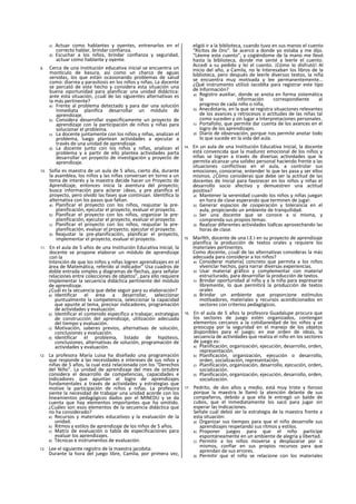 c) Actuar como hablantes y oyentes, entrenarlos en el
correcto hablar, brindar confianza.
d) Escuchar a los niños, brindar confianza y seguridad,
actuar como hablante y oyente.
9. Cerca de una Institución educativa inicial se encuentra un
montículo de basura, así como un charco de aguas
servidas, los que están ocasionando problemas de salud
como: diarrea y parasitosis en los niños y niñas. La docente
se percató de este hecho y considera esta situación una
buena oportunidad para planificar una unidad didáctica:
ante esta situación, ¿cuál de las siguientes alternativas es
la más pertinente?
a) Frente al problema detectado y para dar una solución
Inmediata planifica desarrollar un módulo de
aprendizaje.
b) Considera desarrollar específicamente un proyecto de
aprendizaje con la participación de niños y niñas para
solucionar el problema.
c) La docente juntamente con los niños y niñas, analizan el
problema, luego plantean actividades a ejecutar a
través de una unidad de aprendizaje.
d) La docente junto con los niños y niñas, analizan el
problema y a partir de ello plantea actividades parta
desarrollar un proyecto de investigación y proyecto de
aprendizaje.
10. Sofía es maestra de un aula de 5 años, cierto día, durante
la asamblea, los niños y las niñas conversan en torno a un
tema de interés y la maestra decide hacer un Proyecto de
Aprendizaje, entonces inicia la aventura del proyecto;
busca información para aclarar ¡deas, y pre planifica el
proyecto, pero olvidó las fases que continúan. Identifica la
alternativa con los pasos que faltan.
a) Planificar el proyecto con los niños, reajustar la pre-
planificación, ejecutar el proyecto, evaluar el proyecto.
b) Planificar el proyecto con los niños, organizar la pre-
planificación, ejecutar el proyecto, evaluar el proyecto.
c) Planificar el proyecto con los niños, reajustar la pre-
planificación, evaluar el proyecto, ejecutar el proyecto.
d) Reajustar la pre-planificación, planificar el proyecto,
implementar el proyecto, evaluar el proyecto.
11. En el aula de 5 años de una Institución Educativa Inicial, la
docente se propone elaborar un módulo de aprendizaje
con la
Intención de que los niños y niñas logren aprendizajes en el
área de Matemática, referido al indicador” Usa cuadros de
doble entrada simples y diagramas de flechas, para señalar
relaciones entre colecciones de objetos”, para ello requiere
Implementar la secuencia didáctica pertinente del módulo
de aprendizaje.
¿Cuál es la secuencia que debe seguir para su elaboración?
a) Identificar el área a desarrollar, seleccionar
puntualmente la competencia, seleccionar la capacidad
que apunte al tema, precisar indicadores, programación
de actividades y evaluación.
b) Identificar el contenido específico a trabajar, estrategias
de construcción del aprendizaje, utilización adecuada
del tiempo y evaluación.
c) Motivación, saberes previos, alternativas de solución,
conclusiones y evaluación.
d) Identificar el problema, listado de hipótesis,
conclusiones, alternativas de solución, programación de
actividades y evaluación.
12. La profesora María Luisa ha diseñado una programación
que responde a las necesidades e intereses de sus niños y
niñas de 5 años, la cual está relacionada con los “Derechos
del Niño”. La unidad de aprendizaje del mes de octubre
considera el desarrollo de competencias, capacidades e
indicadores que apuntan al logro de aprendizajes
fundamentales a través de actividades y estrategias que
motive la participación de niños y niñas. La profesora
siente la necesidad de trabajar una unidad acorde con los
lineamientos pedagógicos dados por el MINEDU y se da
cuenta que hay elementos importantes que ha omitido.
¿Cuáles son esos elementos de la secuencia didáctica que
no ha considerado?
a) Recursos y materiales educativos y la evaluación de la
unidad.
b) Ritmos y estilos de aprendizaje de los niños de 5 años.
c) Matriz de evaluación o tabla de especificaciones para
evaluar los aprendizajes.
d) Técnicas e instrumentos de evaluación.
13. Lee el siguiente registro de la maestra jacobita:
Durante la hora del juego libre, Camila, por primera vez,
eligió ir a la biblioteca, cuando tuvo en sus manos el cuento
“Ricitos de Oro". Se acercó a donde yo estaba y me dijo.
“Léeme este cuento”, y cogiéndome de la mano me llevó
hasta la biblioteca, donde me senté a leerle el cuento.
Accedí a su pedido y leí el cuento. ¡Cómo lo disfrutó! Al
inicio del año, a Camila, no le Interesaban los libros de la
biblioteca, pero después de leerle diversos textos, la niña
se encuentra muy motivada y lee permanentemente...
¿Qué instrumento utilizó Jacoblta para registrar este tipo
de Información?
a) Registro auxiliar, donde se anota en forma sistemática
la información correspondiente al
progreso de cada niño o niña,
b) Anecdotario, en la que se registra situaciones relevantes
de los avances y retrocesos o actitudes de las niñas tal
como suceden y sin lugar a Interpretaciones personales.
c) Portafolio, que permite dar cuenta de los avances en el
logro de los aprendizajes.
d) Diario de observación, porque nos permite anotar todo
lo que sucede en la vida del aula.
14. En un aula de una Institución Educativa Inicial, la docente
está convencida que la madurez emocional de los niños y
niñas se logran a través de diversas actividades que le
permita alcanzar una solidez personal haciendo frente a las
situaciones conflictivas en el aula, a controlar sus
emociones, conocerse, entender lo que les pasa y ser ellos
mismos. ¿Cómo consideras que debe ser la actitud de las
docentes de Inicial para favorecer en los niños y niñas el
desarrollo socio afectivo y demuestren una actitud
positiva?
a) Mantener la serenidad cuando los niños y niñas juegan
en hora de clase esperando que terminen de jugar.
b) Generar espacios de cooperación y tolerancia en el
aula, propiciando un ambiente de tranquilidad.
c) Ser una docente que se conoce a sí misma, y
comprenda sus propios temas.
d) Realizar diferentes actividades lúdlcas aprovechando las
horas de clase.
15. Marllth, docente de una I.E.I en su proyecto de aprendizaje
planifica la producción de textos orales y requiere los
materiales pertinentes.
Como docente, ¿cuál de las alternativas consideras la más
adecuada para considerar a los niños?
a) Considerar materia] concreto que permita a los niños
vlvenclar hechos, para narrar diversas experiencias.
b) Usar material gráfico y complementar con material
estructurado, para desarrollar la producción de textos.
c) Brindar oportunidad al niño y a la niña para expresarse
libremente, lo que permitirá la producción de textos
orales
d) Brindar un ambiente que proporcione estímulos
motlvadores, materiales y recursos acondicionados en
sectores con criterios pedagógicos.
16. En el aula de 5 años la profesora Guadalupe procura que
los sectores de juego estén organizados, contengan
elementos cercanos a la cotidianeidad de los niños y se
preocupa por la seguridad en el manejo de los objetos
disponibles para el juego; en ese orden de ideas, la
secuencia de actividades que realiza el niño en los sectores
de juego es:
a) Planificación, organización, ejecución, desarrollo, orden,
representación.
b) Planificación, organización, ejecución o desarrollo,
orden, socialización, representación.
c) Planificación, organización, desarrollo, ejecución, orden,
socialización.
d) Planificación, organización, ejecución, desarrollo, orden,
socialización.
17. Pedrito, de dos años y medio, está muy triste y lloroso
porque la maestra le llamó la atención delante de sus
compañeros, debido a que ella le entregó un balde de
cubos, que el Inmediatamente los sacó para jugar sin
esperar las Indicaciones.
Señale cuál debió ser la estrategia de la maestra frente a
esta situación:
a) Organizar sus tiempos para que el niño desarrolle sus
aprendizajes respetando sus ritmos y estilos.
b) Proponer juegos para que el niño participe
espontáneamente en un ambiente de alegría y libertad.
c) Permitir a los niños moverse y desplazarse por si
mismos, confiar en sus propios recursos para que
aprendan de sus errores.
d) Permitir que el niño se relacione con los materiales
 