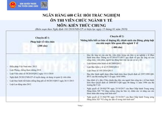 Trang 1
NGÂN HÀNG 600 CÂU HỎI TRẮC NGHIỆM
ÔN THI VIÊN CHỨC NGÀNH Y TẾ
MÔN: KIẾN THỨC CHUNG
(Biên soạn theo Nghị định 161/2018/NĐ-CP có hiệu lực ngày 15 tháng 01 năm 2019)
Chuyên đề 1:
Pháp luật về viên chức
(200 câu)
Chuyên đề 2:
Những hiểu biết cơ bản về đƣờng lối, chính sách của Đảng, pháp luật
của nhà nƣớc liên quan đến ngành Y tế
( 400 câu)
- Hiếp pháp Việt Nam năm 2013
- Luật Phòng, chống tham nhũng 2018
- Luật Viên chức số 58/2010/QH12 ngày 15/11/2010
- Nghị định 29/2012/NĐ-CP về tuyển dụng, sử dụng và quản lý viên chức
- Luật thực hành tiết kiệm chống lãng phí số 44/2013/QH13 ngày 26/11/2013
- Luật Lao động năm 2012
- Quy tắc ứng xử của cán bộ, viên chức trong các đơn vị sự nghiệp y tế (Ban
hành kèm theo Thông tư 07/2014/TT-BYT quy định về quy tắc ứng xử của
công chức, viên chức, người lao động làm việc tại các cơ sở y tế)
- Luật Khám chữa bệnh số 40/2009/QH12
- Luật Bảo hiểm y tế số 25/2008/QH12
- Luật Dược số 105/2016/QH13
- Đạo đức hành nghề dược (Ban hành kèm theo Quyết định số 2397/1999 QĐ-
BYT của Bộ trưởng Bộ Y tế ngày 10/8/1999)
- Quy định về y đức (Tiêu chuẩn đạo đức của người làm công tác y tế ban hành
kèm theo Quyết định số 2088/BYT-QĐ ngày 06 tháng 11 năm 1996 của Bộ
trưởng Bộ Y tế)
- Nghị quyết số 20-NQ/TW ngày 25/10/2017 của Ban Chấp hành Trung ương
Đảng khóa XII “Về tăng cường công tác bảo vệ, chăm sóc và nâng cao sức
khỏe nhân dân trong tình hình mới”
- Nghị quyết số 21-NQ/TW ngày 25/10/2017 của Ban Chấp hành Trung ương
Đảng khóa XII “Về công tác dân số trong tình hình mới”
 