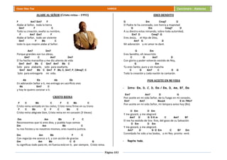 Página 103
Cesar Díaz Tiza VARIOS Cancionero - Alabanza
ALABE AL SEÑOR (Cristo reina – 1993)
F Am7 Gm7 F
Alabe al Señor, toda la tierra
Gm7 F C
Toda su creación, exalte su nombre,
F Am7 Gm7 F
Alabe al Señor, todo ser viviente
Gm7 F Bb C
todo lo que respire alabe al Señor.
Am7 Dm7
Porque grandes son tus obras,
Gm7 C Am7 Dm7
El ha hecho maravillas y me dio aliento de vida
Gm7 Am7 Bb C Gm7 Am7 Bb C
Solo para alabarle, solo para exaltarle,
Gm7 Am7 Bb C Gm7 F Bb, C, Gm7, F, C#maj7, C
Solo para entregarle mi vida.
Ab Eb Ab Eb
En adoración Señor a ti, me entrego en sacrificio vivo
Ab Gm7 C
y hoy te quiero coronar a ti.
CRISTO REINA
F C Bb C F C Bb C
Cristo reina sentado en los cielos, Cristo reina firme en su trono
F C Bb C F C Bb C
Cristo reina alégrate Sion, Cristo reina en mi corazón (3 Veces)
Dm Am Bb F C
Reconocemos que tú eres dios, y pueblo tuyo somos
Dm Am Bb C
tu nos hiciste y no nosotros mismos, eres nuestra justicia.
Dm Am Bb F C
Con regocijo me acerco a ti, y con acción de gracias
Dm Am Bb C D G
tu significas todo para mi, mi fuerza está en ti, por siempre, Cristo reina.
ERES BENDITO
G Em Cmaj7 D
El Padre te ha coronado, con honra y majestad
G Em Cmaj7 D
A su diestra estas reinando, sobre toda autoridad,
Em7 D Cmaj7 G
Eres Jesús, el Hijo de Dios,
Am7 G D
Mi adoración y mi amor te daré.
G Em
Eres bendito, oh Jesucristo
C G Am7 D
Con gloria y poder volverás vestido de Rey,
G Em
Tú eres Santo, puro y sin mancha
C G Am7 C D G
Toda la creación y cada nación te cantarán.
PON ACEITE EN MI VIDA
- Intro: Em, D, C, D, Em / Em, D, Am, B7, Em
Em7 Am7 D G
Pon aceite en mi vida Señor, de tu fuego en mi corazón,
Em7 Am7 Bsus4 E m- F#m7
Pon aceite en mi vida Señor, mi lámpara aviva hoy (Bis)
D Em D Em
Y me gozaré, y me alegraré
Am7 D G D E m C Am7 B7
El me ha vestido de lino fino, del gozo de su Salvación
D Em D Em
Y me gozaré, y me alegraré.
Am7 D G D Em C B7 Em
Convidado he sido a las bodas, a mi Rey pronto veré.
- Repite todo.
 
