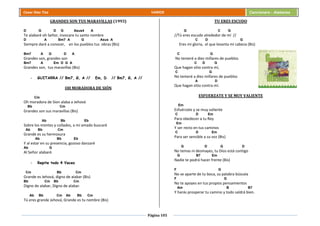 Página 105
Cesar Díaz Tiza VARIOS Cancionero - Alabanza
GRANDES SON TUS MARAVILLAS (1993)
D G D G Asus4 A
Te alabaré oh Señor, invocare tu santo nombre
D A Bm7 A G Asus A
Siempre daré a conocer, en los pueblos tus obras (Bis)
Bm7 A G D A
Grandes son, grandes son
Bm7 A Em D G A
Grandes son, tus maravillas (Bis)
- GUITARRA // Bm7, G, A // Em, D // Bm7, G, A //
OH MORADORA DE SIÓN
Cm
Oh moradora de Sion alaba a Jehová
Bb Cm
Grandes son sus maravillas (Bis)
Ab Bb Eb
Sobre los montes y collados, a mi amado buscaré
Ab Bb Cm
Grande es su hermosura
Ab Bb Eb
Y al estar en su presencia, gozoso danzaré
Ab G
Al Señor alabaré.
- Repite todo 4 Veces
Cm Bb Cm
Grande es Jehová, digno de alabar (Bis)
Bb Cm Bb Cm
Digno de alabar, Digno de alabar.
Ab Bb Cm Ab Bb Cm
Tú eres grande Jehová, Grande es tu nombre (Bis)
TU ERES ESCUDO
G C G
//Tú eres escudo alrededor de mí //
C D G
Eres mi gloria, el que levanta mi cabeza (Bis)
C G
No temeré a diez millares de pueblos
C D G
Que hagan sitio contra mí,
C G
No temeré a diez millares de pueblos
A D
Que hagan sitio contra mí.
ESFUERZATE Y SE MUY VALIENTE
Em
Esfuérzate y se muy valiente
C D Em
Para obedecer a tu Rey
Em
Y ser recto en tus caminos
C D Em
Para ser sensible a su voz (Bis)
G D G D
No temas ni desmayes, tu Dios está contigo
G B7 Em
Nadie te podrá hacer frente (Bis)
F G
No se aparte de tu boca, su palabra búscala
F G
No te apoyes en tus propios pensamientos
Am B B7
Y harás prosperar tu camino y todo saldrá bien.
 