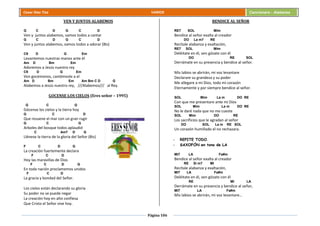 Página 106
Cesar Díaz Tiza VARIOS Cancionero - Alabanza
VEN Y JUNTOS ALABEMOS
G C D G C D
Ven y juntos alabemos, vamos todos a cantar
G C D G C D
Ven y juntos alabemos, vamos todos a adorar (Bis)
C9 D G Em
Levantemos nuestras manos ante él
Am D Bm Em
Adoremos a Jesús nuestro rey
C9 D G Em
Ven gocémonos, cantémosle a el
Am D Bm Em Am Bm C D G
Alabemos a Jesús nuestro rey, ///Alabemos/// al Rey.
GOCENSE LOS CIELOS (Eres señor – 1995)
G C G
Gócense los cielos y la tierra hoy
G C D
Que resuene el mar con un gran rugir
G C G
Arboles del bosque todos aplaudid
C Am7 D G
Llénese la tierra de la gloria del Señor (Bis)
F C D G
La creación fuertemente declara
F C D
Hoy las maravillas de Dios
F C D G
En toda nación proclamemos unidos
F C D
La gracia y bondad del Señor.
Los cielos están declarando su gloria
Su poder no se puede negar
La creación hoy en alto confiesa
Que Cristo el Señor vive hoy.
BENDICE AL SEÑOR
RE7 SOL Mim
Bendice al señor exalta al creador
DO La m7 RE
Recítale alabanza y exaltación,
RE7 SOL Mim
Deléitate en él, ven gózate con él
DO RE SOL
Derrámate en su presencia y bendice al señor.
Mis labios se abrirán, mi voz levantare
Declarare su grandeza y su poder
Me allegare a mi Dios, todo mi corazón
Eternamente y por siempre bendice al señor.
SOL Mim La m DO RE
Con que me presentare ante mi Dios
SOL Mim La m DO RE
No le daré nada que no me cueste
SOL Mim DO RE
Los sacrificios que le agradan al señor
DO SOL La m RE SOL
Un corazón humillado el no rechazara.
- REPITE TODO.
- SAXOFÓN en tono de LA
MI7 LA Fa#m
Bendice al señor exalta al creador
RE Si m7 MI
Recítale alabanza y exaltación,
MI7 LA Fa#m
Deléitate en él, ven gózate con él
RE MI LA
Derrámate en su presencia y bendice al señor,
MI7 LA Fa#m
Mis labios se abrirán, mi voz levantare…
 