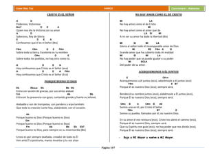 Página 107
Cesar Díaz Tiza VARIOS Cancionero - Alabanza
CRISTO ES EL SEÑOR
A D
Poderoso, Victorioso
Bm7 D E A
Quien nos dio la Victoria con su amor
A D
Soberano, Rey de Gloria
E D E A
Confesamos que él es el Señor (Bis)
F#m C#m D E F#m
Sobre toda la tierra, Excelente es tu nombre
C#m D E
Sobre todos los pueblos, no hay otro como tú.
A D E A
Hoy confesamos que Cristo es el Señor (eco)
A D E A F#m
Hoy confesamos que Cristo es el Señor (Eco)
PORQUE BUENO ES DIOS
Eb Ebsus Eb Bb Eb
Entra con acción de gracias, por sus atrios alabad
Cm Ab Bb
Entra en Su presencia con gozo, cantando grande y fuerte es Jehová.
Alabadle a son de trompetas, con pandero y arpa también
Que toda la creación cante hoy, alabándole, con el corazón.
Ab
Porque bueno es Dios (Porque bueno es Dios)
Gm
Porque bueno es Dios (Porque bueno es Dios)
Fm Ab Bb Eb Eb7
Porque bueno es Dios, para siempre es su misericordia (Bis)
Cristo es por siempre exaltado, creador de todo es Él
Ven ante Él a postrarte, manos levantar y tu voz alzar.
NO HAY AMOR COMO EL DE CRISTO
MI LA
No hay amor como el de Cristo
MI
No hay amor como el amor que da
LA SI MI
A mi ser su amor ha dado la libertad (Bis)
MI SI MI LA
Gloria al señor todo el incomparable amor de Dios
MI RE F#m A B
Grande amor que ha cubierto toda mi maldad
MI SI MI LA
No hay poder que se pueda igualar a su poder
MI SOL#
Del poder de su amor.
ACERQUEMONOS A ÉL JUNTOS
E C# m
Acerquémonos a él juntos (eco), adorémosle a él juntos (eco)
F#m E B7
Porque él es nuestro Dios (eco), siempre será,
Bendecid su nombre juntos (eco), alabémosle a Él juntos (eco),
Porque Él es nuestro Dios (eco), siempre será.
C#m B A C#m B A9
Somos uno en él, por Cristo él Señor
F#m B7 E
Somos su pueblo, llamados por él, es nuestro Dios.
En su amor él nos restaura (eco), Cristo nos abrió el camino (eco),
Porque él es nuestro Dios, siempre será.
Que su Espíritu nos guíe (eco), no hay poder que nos divida (eco),
Porque Él es nuestro Dios (eco), siempre será.
- Baja a RE Mayor y vuelve a MI Mayor.
 