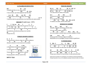 Página 108
Cesar Díaz Tiza VARIOS Cancionero - Alabanza
LA PALABRA DE DIOS ES VIVA
Mim MI Lam
La palabra de Dios es viva, viva y eficaz
RE SOL SI7 Mi m
Y más cortante, que toda espada de dos filos (Bis)
La m RE SOL Lam RE SOL
Y penetra hasta la división del alma y del espíritu
SIb FA SIb LA SI
Y discierne todo los pensamientos y las intenciones de cada corazón.
ERES REY (Te pido la paz – 1997)
F C Dm Am Bb F C F
Vengo hoy ante ti, // para adorarte porque eres rey //
F C Dm Am Bb F C F
El poder alto honor, // tu mereces siempre porque eres rey //
F C Bb F
Te exaltamos, te adoramos porque eres rey (Bis)
Bb C
Porque eres rey.
PORQUE GRANDE ES JEHOVA
G A D A9
Porque grande es Jehová y digno de suprema alabanza
G A9 G A9 D
Adorad a Jehová en la hermosura de la santidad.
G A9 D Bm
y temed delante de él toda la tierra (Bis)
G A9 D A Bm
y temed delante de él toda la tierra
G A9 F#m Bm
Porque grande es Jehová, grande es Jehová
G A9 D
Porque grande es Jehová, nuestro Dios.
REPITE TODO.
TODO MI CORAZÓN
RE LA SOL LA RE LA SOL LA
Todo mi corazón se goza en tu presencia oh si
RE LA SOL LA RE LA, SOL, LA
Y mi vida entera te alaba oh Dios (Bis)
Si m RE SOL LA
Tú presencia oh Dios, siempre estará en mí
Si m SOL LA
En tus moradas me alegrare
SOL LA Fa#m Sim SOL, LA, RE
Te alabare con júbilo, altísimo Señor (Bis)
BENDECID SU NOMBRE
RE Si m SOL LA
Alabadle, alabadle, bendecid su nombre (Bis)
RE Si m
//Lo que respira alabe a Jehová //
RE LA Si m Mi m SOL LA
Sol y luna alabad a Jehová, todos sus santos alabadle a él (Bis)
FA# Si m MI LA
Porque grande es Jehová y digno de alabanza
Maravilloso son sus prodigios, hoy por siempre le glorificaré.
TU MISERICORDIA
E G#m A B E G#m A9 B9
Eres tú la roca inconmovible, que sostiene mi corazón
E G#m A B E G#m A9 B9
Hechas fuera todas las aflicciones me liberas del dolor.
A9 B9 G#m C#m A E B C#7
Porque para siempre tu misericordia, a mi lado estarás
A9 B9 G#m C#m A B E
Porque para siempre tu misericordia, mi vida alumbraras (Bis)
Haces que la oración en tu presencia, se convierta en lluvia de bendición
Porque escuchas mi voz, en la alabanza, porque inclinas tú oído a mi clamor.
 