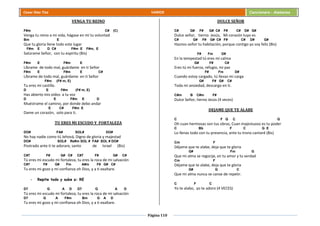 Página 110
Cesar Díaz Tiza VARIOS Cancionero - Alabanza
VENGA TU REINO
F#m C# (C)
Venga tu reino a mi vida, hágase en mí tu voluntad
Bm E
Que tu gloria llene todo este lugar
F#m E D C# F#m E F#m, E
Satúrame Señor, con tu espíritu (Bis)
F#m E F#m E
Líbrame de todo mal, guárdame en ti Señor
F#m E F#m E C#
Líbrame de todo mal, guárdame en ti Señor
F#m (F# m, E)
Tu eres mi castillo.
D E F#m (F# m, E)
Has abierto mis oídos a tu voz
D E F#m E D
Muéstrame el camino, por donde debo andar
E C# F#m E
Dame un corazón, solo para ti.
TU ERES MI ESCUDO Y FORTALEZA
DO# FA# SOL# DO#
No hay nadie como tú Jehová, Digno de gloria y majestad
DO# SOL# Re#m SOL # FA# SOL # DO#
Postrado ante ti te adorare, santo de Israel (Bis)
C#7 F# G# C# C#7 F# G# C#
Tú eres mi escudo mi fortaleza, tu eres la roca de mi salvación
C#7 F# G# Fm A#m F# G# C#
Tu eres mi gozo y mi confianza oh Dios, y a ti exaltare.
- Repite todo y sube a: RE
D7 G A D D7 G A D
Tú eres mi escudo mi fortaleza, tu eres la roca de mi salvación
D7 G A F#m Bm G A D
Tu eres mi gozo y mi confianza oh Dios, y a ti exaltare.
DULCE SEÑOR
C# G# F# G# C# F# C# D# G#
Dulce señor, tierno Jesús, Mi corazón tuyo es
C# G# F# G# C# F# C# D# G#
Haznos señor tu habitación, porque contigo yo soy feliz (Bis)
F# Fm D#
En la tempestad tú eres mi calma
G# F# C#
Eres tú mi fuerza, refugio, mi paz
F# Fm D#
Cuando estoy cargado, tú llevas mi carga
G# F# G# C#
Toda mi ansiedad, descargo en ti.
C#m B C#m F#
Dulce Señor, tierno Jesús (4 veces)
DEJAME QUE TE ALABE
C F G C G
Oh cuan hermosas son tus obras, Cuan majestuoso es tu poder
C Bb F C G E
Lo llenas todo con tu presencia, ante tu trono cantaré (Bis)
Cm F
Déjame que te alabe, deja que te gloria
G# Fm G
Que mi alma se regocije, en tu amor y tu verdad
Cm F
Déjame que te alabe, deja que te gloria
G# G C
Que mi alma nunca se canse de repetir.
C F C
Yo te alabo, yo te adoro (4 VECES)
 