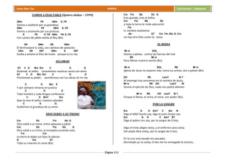 Página 111
Cesar Díaz Tiza VARIOS Cancionero - Alabanza
VAMOS A EXALTARLE (Quiero alabar – 1999)
G#m F# G#m E, F#
Vamos a exaltarle por su grandeza,
G#m F# G#m E, F#
Vamos a aclamarle por sus proezas.
E F# E F# G#m F#, E, F#
Con cantos de júbilo exalta al Rey (Bis)
D# G#m D# G#m
Él hermoseará tu vida, con cánticos de salvación
C#m D# D#7 G#m E D#7
Exalta y aclama al Dios de Israel, porque es tu rey.
ACLAMAD
G7 C D Bm Em C D G
Aclamad al señor, Levantemos nuestras voces con amor
G7 C D Bm Em C D G
Proclamad su poder, asombrosas son tus obras oh mi rey.
C D Bm E
Y por siempre reinaras en justicia
C D E
Todo hombre y cada lengua confesaran
C D Bm7 Em
Que tú eres el señor, nuestro salvador
C D G
Exaltemos la grandeza de su amor.
DIOS SUBIO A SU TRONO
Cm Eb Fm Ab G
Dios subió a su trono, entre aplausos y júbilo
Cm Eb Fm Eb G
Dios subió a su trono, la trompeta sonando está,
Fm Cm
La tierra le alaba sus hijos le adoran
G Cm G7
Toda su creación le canta (Bis)
Cm Fm Bb Eb G
Eres grande, eres el Señor
Cm Fm Bb Eb
y toda la tierra te rinde adoración
Fm
tu nombre exaltamos
Ab G7 Cm Fm, Bb, G, Cm.
no hay otro Dios como tú, Jesús
EL REINA
Mi m SOL
Vamos a pelear, contra las fuerzas del mal
RE Mi m
Para liberar nuestra nación (Bis)
Mi m SOL RE Mi m
Iglesia de Jesús no esperes más, toma tus armas, ven a pelear (Bis)
DO RE Lam7 SI 7
Al enemigo hoy vencemos en el nombre de Jesús,
Mi m RE DO Lam7 SI
Somos el ejército de Dios, nada nos podrá detener.
Mi m RE DO Lam7 SI 7
Porque el Reina, el reina, el reina con poder (Bis)
POR LA SANGRE
Em G D Am7 C Am B
Diga el débil fuerte soy, diga el justo limpio soy
Em G D C Am7 B7
Diga el pobre rico soy, por la sangre de Cristo,
Diga el triste alegre estoy, y el enfermo sano estoy
Del atado libre estoy, por la sangre de Cristo.
En la cruz esta lavado mis pecados
Derrotado ya no estoy, Cristo me ha entregado la victoria…
 