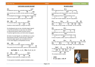 Página 115
Cesar Díaz Tiza VARIOS Cancionero - Alabanza
CANTANDO ALEGRE SEGUIRÉ
SOL Lam7
Dondequiera que yo voy, cantando alegre seguiré
DO RE SOL
Una canción que mi Jesús, me dio cuando me redimió,
SOL Lam7
Si me pregunta que porque, cantando alegre siempre voy
DO RE SOL
Con mucho gusto les diré, es que Jesús me redimió.
SOL (RE) SI Mi m
Yo no podía explicar, como mi alma se sintió
LA LA7 RE
Cuando mi vida trasformó, y de gozo me lleno.
Por dondequiera que yo voy, cantando alegre seguiré
Y muy feliz proclamare, es que Jesús me redimió,
La vida pronto pasará, todas las penas cesaran
Y nuestras lagrimas Jesús, con tierno amor enjuagará.
De todo el mundo llegarán, los redimidos por su amor
Eternamente cantaran, canción de paz y redención,
Cantando alegre seguiré, por el sendero de la luz
Y a los cielos llegaran, acompañados de Jesús.
SOL (RE) SI Mi m
Y si los quieres tú también, podrás la melodía cantar
LA LA7 RE
Dios quiere hacerte eterno bien, quiere tu vida transformar.
- GUITARRA: D, A, D, F#m / D, E, D, E /
LA (MI) DO# Fa# m
Yo no podía explicar, como mi alma se sintió
FA# SI SI7 MI
Cuando mi vida trasformó, y de gozo me lleno.
Y si los quieres tú también, podrás la melodía cantar…
MI BUEN AMIGO
SOL Mi m
Ya no tengo que buscar, he encontrado la verdad
C Am7 C D
La verdad que echa fuera temor, y que trae libertad,
SOL Mi m
Ya no tengo que llorar, he encontrado el amor
C Am7 C D
El amor de mi buen salvador, que me trajo perdón.
SOL Mi m FA DO RE
Tú has sido quien ha oído, en todo tiempo me has entendido
SOL Mi m FA DO RE SOL
Tú has sido mi buen amigo, en intimidad me has conocido.
SOL Mi m
Ya no tengo que sufrir, he encontrado sanidad
C Am7 C D
Sanidad que curo mi razón, y me ha hecho reír,
SOL Mi m
Ya no tengo que esperar, he encontrado a Jesús
C Am7 C D
A Jesús mi pastor y Señor, que ha cuidado de mí.
SOL Mi m FA DO RE
Sí, Tú has sido quien me ha oído, en todo tiempo me has entendido
SOL Mi m FA DO RE SOL
Tú has sido mi buen amigo, en intimidad me has conocido (Bis)
Fa#m7 SI SI7 Mi m LA
Te seguiré, pues siempre has sido fiel, oh sí
DO6 SI SI7 Mi m LA
Y Te amare, mi vida a ti yo te daré
DO RE
Por siempre serás mi Señor.
- CORO.
- El coro sube a: SOL #
 